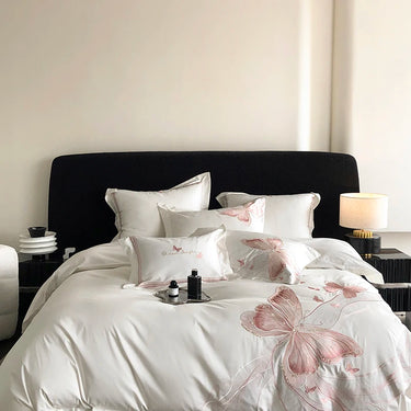 Luxury White Egyptian Cotton 1000TC Butterfly Embroidered Bedding Set